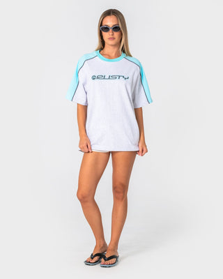 Woman wearing Timmy Target 220 Oversize Tee in Ecru Marle / Aqua