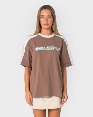 Woman wearing Timmy Target 220 Oversize Tee in Mushroom / Aqua
