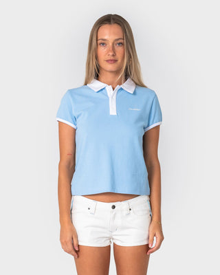Woman wearing Hello Kitty Baby Polo Tee in Retro Blue