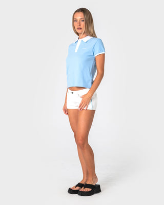 Woman wearing Hello Kitty Baby Polo Tee in Retro Blue
