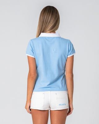 Woman wearing Hello Kitty Baby Polo Tee in Retro Blue