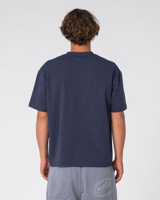 Man wearing Can O Paint Short Sleeve Tee in Dark Blue