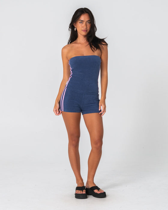woman-wearing-lamar-towelling-booty-short-in-navy-blue-pink