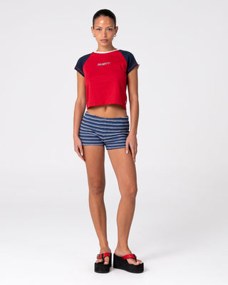 Woman wearing Emma Booty Short in Blue Stripe