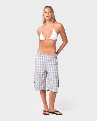 Woman wearing Ms Screw Elastic Cargo Short in Stone Grey