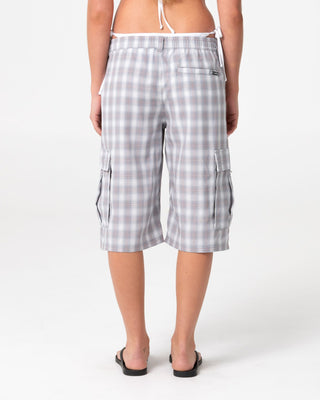 Woman wearing Ms Screw Elastic Cargo Short in Stone Grey