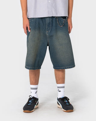 Man wearing Riddler Wide Baggy Jort in Dark N Dirty