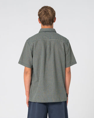Man wearing Datsun Check Short Sleeve Shirt in Dark Green