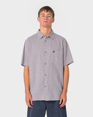 Man wearing Datsun Check Short Sleeve Shirt in Navy Blue