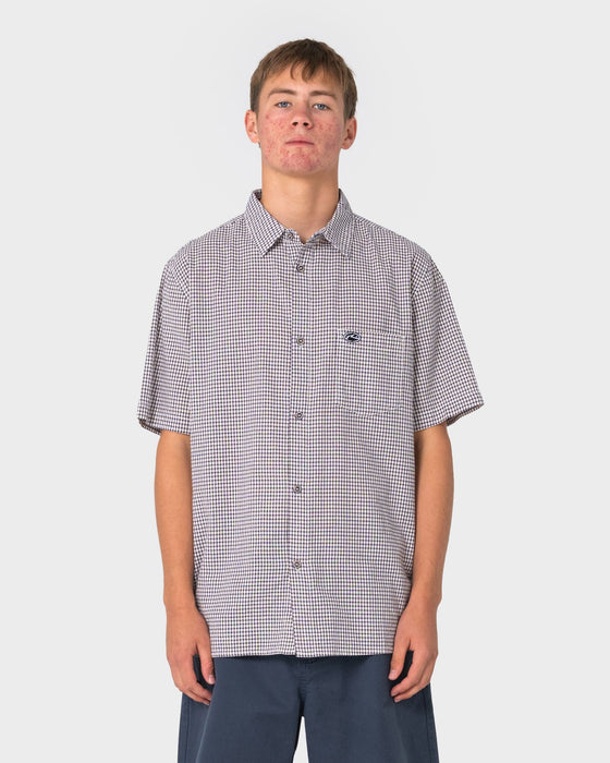 man-wearing-datsun-check-short-sleeve-shirt-in-navy-blue
