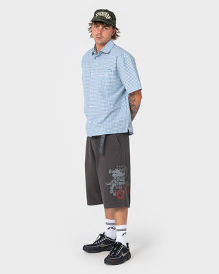 Man wearing Far Away Short Sleeve Shirt in Smoke Blue