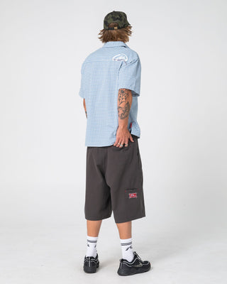 Man wearing Far Away Short Sleeve Shirt in Smoke Blue