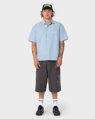 Man wearing Far Away Short Sleeve Shirt in Smoke Blue