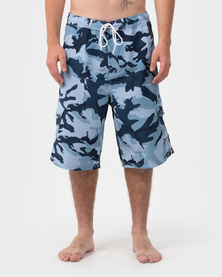 Man wearing Tropik 25 Baggy Camo Boardshort in Navy Blue