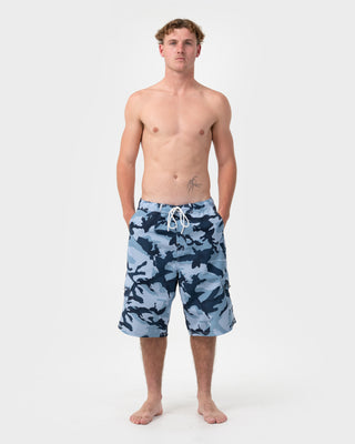 Man wearing Tropik 25 Baggy Camo Boardshort in Navy Blue