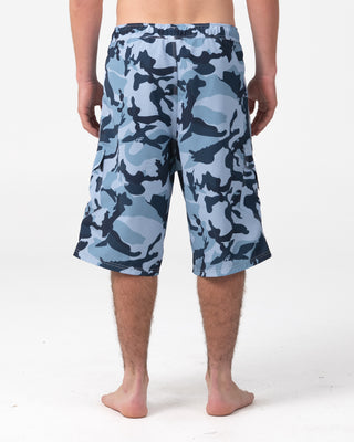 Man wearing Tropik 25 Baggy Camo Boardshort in Navy Blue