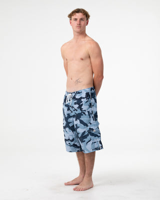 Man wearing Tropik 25 Baggy Camo Boardshort in Navy Blue