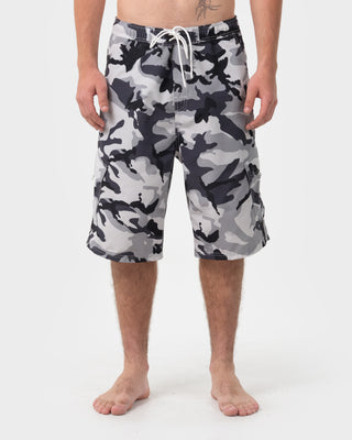 Man wearing Tropik 25 Baggy Camo Boardshort in Ultimate Grey