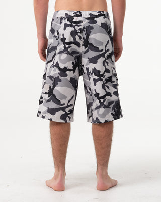 Man wearing Tropik 25 Baggy Camo Boardshort in Ultimate Grey