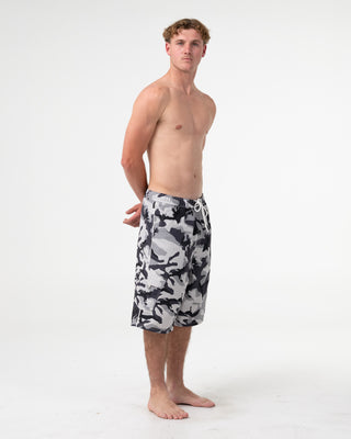 Man wearing Tropik 25 Baggy Camo Boardshort in Ultimate Grey