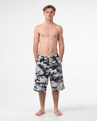 Man wearing Tropik 25 Baggy Camo Boardshort in Ultimate Grey