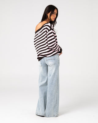 Woman wearing Stella Stripe Slouch Knit in Java / Pink