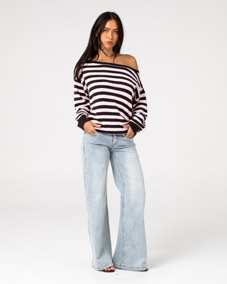 Woman wearing Stella Stripe Slouch Knit in Java / Pink