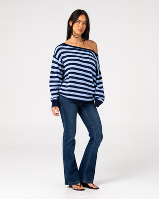 Woman wearing Stella Stripe Slouch Knit in Navy Blue / Retro Blue