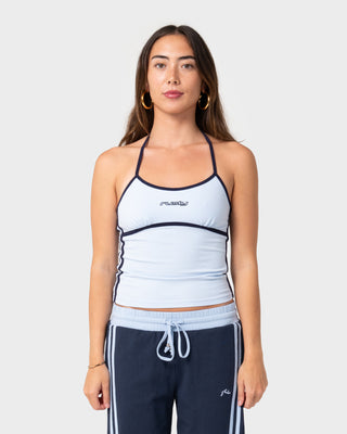 Woman wearing Maneater Fitted Halter Top in Retro Blue / Navy