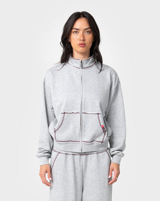 Woman wearing Servo Boxy Zip Through Fleece in Grey Marle