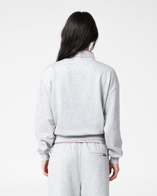 Woman wearing Servo Boxy Zip Through Fleece in Grey Marle