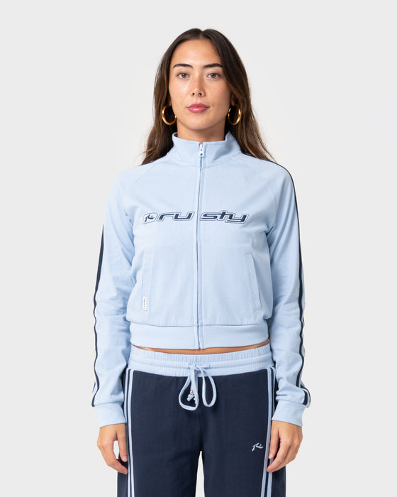 woman-wearing-maneater-fitted-zip-through-track-jacket-in-retro-blue-navy
