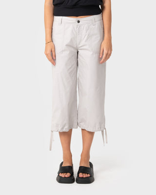 Woman wearing Cameron Low Rise Relaxed Capri Pant in Oyster Grey