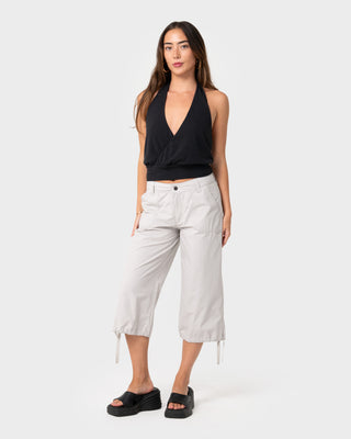 Woman wearing Cameron Low Rise Relaxed Capri Pant in Oyster Grey