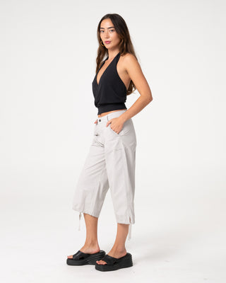 Woman wearing Cameron Low Rise Relaxed Capri Pant in Oyster Grey