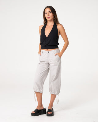 Woman wearing Cameron Low Rise Relaxed Capri Pant in Oyster Grey
