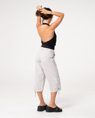 Woman wearing Cameron Low Rise Relaxed Capri Pant in Oyster Grey