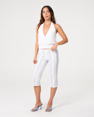 Woman wearing Finance Mummy Low Rise Stripe Capri Pant in Stripe