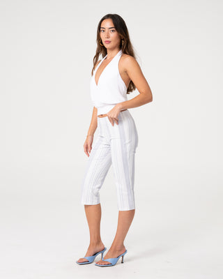 Woman wearing Finance Mummy Low Rise Stripe Capri Pant in Stripe