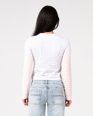 Woman wearing Star Chaser Mock Layer Tee in Ecru Marle / Pink