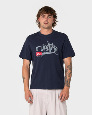 Man wearing Florilla Graphic Tee in Navy Blue