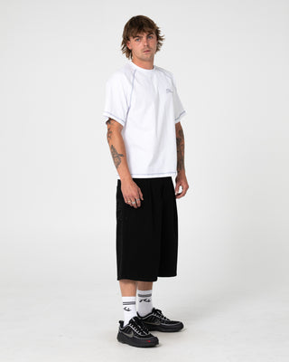 Man wearing Clarty B Raglan Tee in White