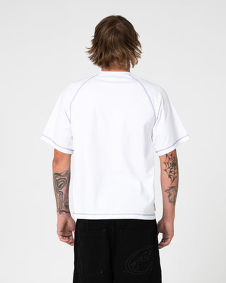 Man wearing Clarty B Raglan Tee in White