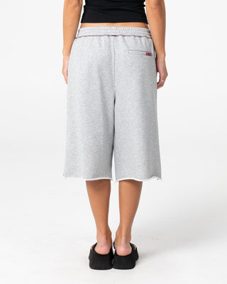Woman wearing Servo Oversize Fleece Track Shorts in Grey Marle