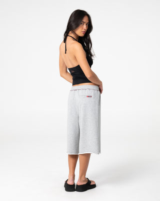 Woman wearing Servo Oversize Fleece Track Shorts in Grey Marle