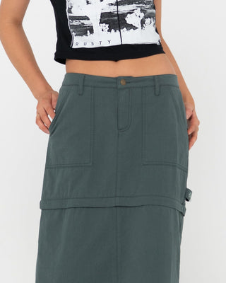 Woman wearing Billie Low Rise Ripstop Zip Off Skirt in Army
