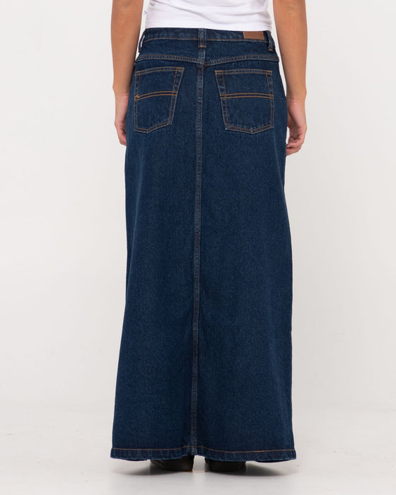woman-wearing-celeste-low-rise-denim-maxi-skirt-in-deep-blue