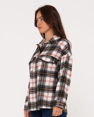 Woman wearing Stemming Long Sleeve Plaid Over Shirt in Sage Leaf