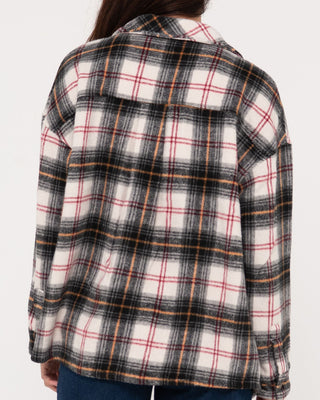 Woman wearing Stemming Long Sleeve Plaid Over Shirt in Sage Leaf