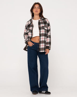 Woman wearing Stemming Long Sleeve Plaid Over Shirt in Sage Leaf